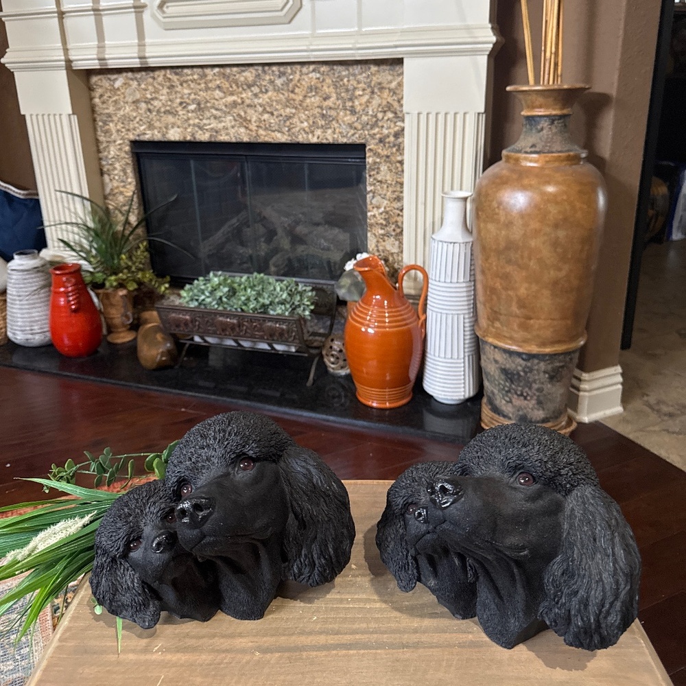 Two 9”x7” Living Stone, Inc 2003 Black Poodle & Pup Busts. Realistic Resin